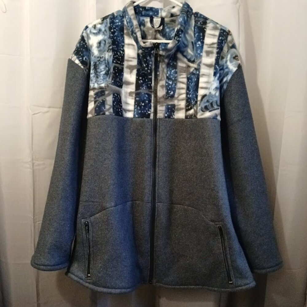 New Fleece Mock neck Sweatshirt XXL Blue Gray Owls contrast Full zip 2 pockets